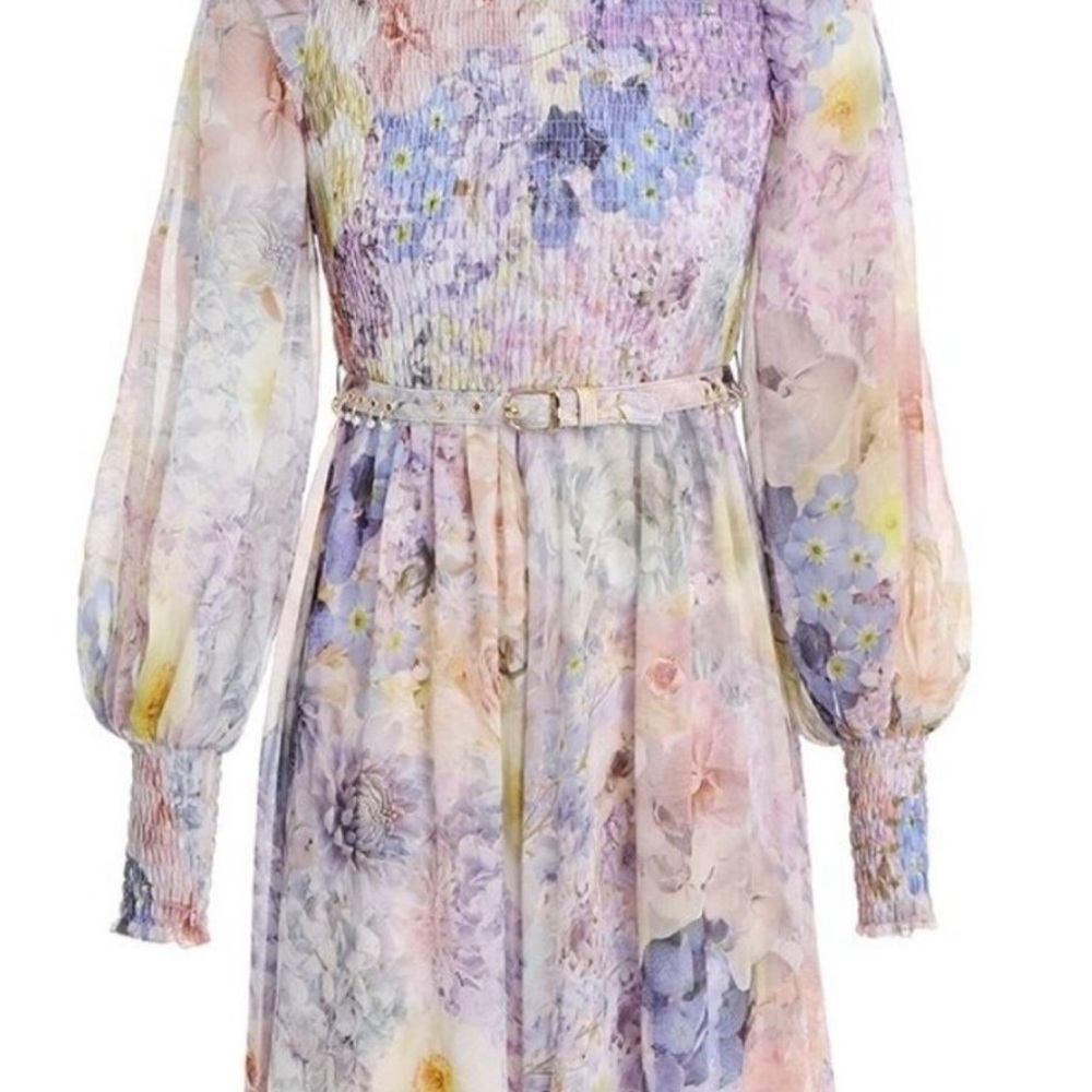 NEW WITH TAGS! Size 6 Zimmermann Purple Pink Smocked Long Sleeve Dress